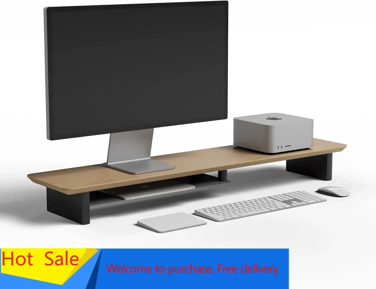 White Oak Dual‑Tier Ergonomic Desk Setup – Modern Wooden Monitor Stand & Workspace Riser, Home Office & Minimalist Aesthetic (Wh