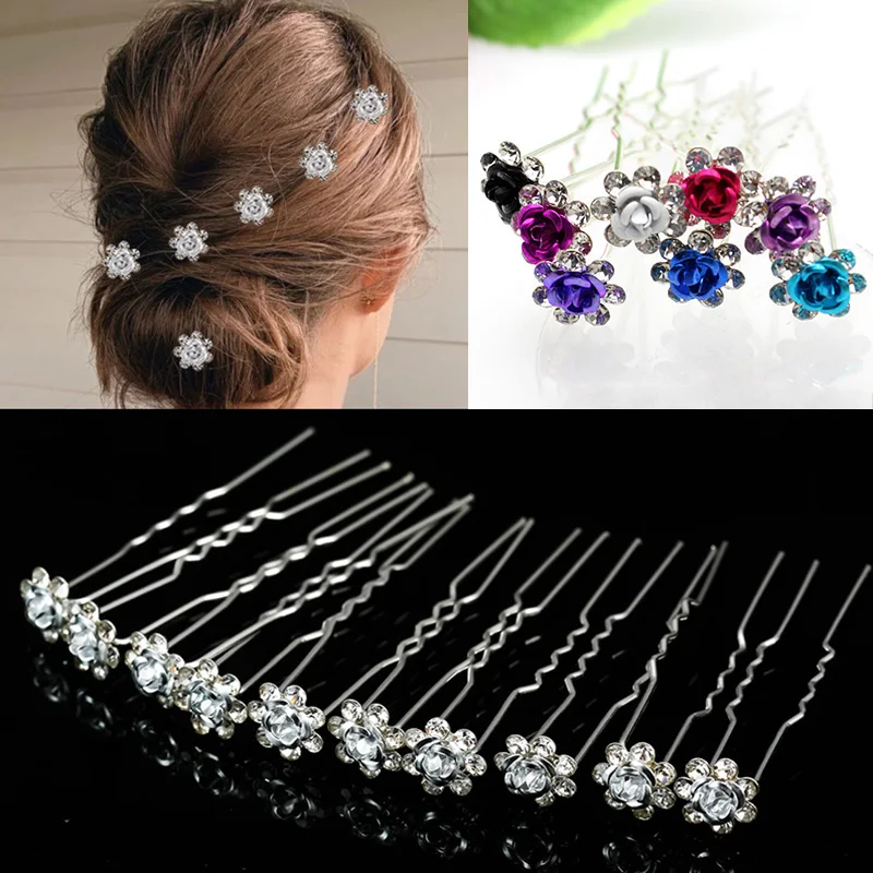 20Pcs U-Shaped Rhinestone Rose Flower Hair Clips Bridal Wedding Hairpin Barrettes Fashion Hair Stick Headdress Hairstyle Tool