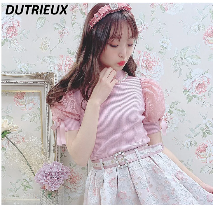 Sweet Cute Girl Lace Puff Short Sleeve T-shirt Summer New All-Match Slimming Tops Bow Beaded Sweater Y2k Clothes for Women