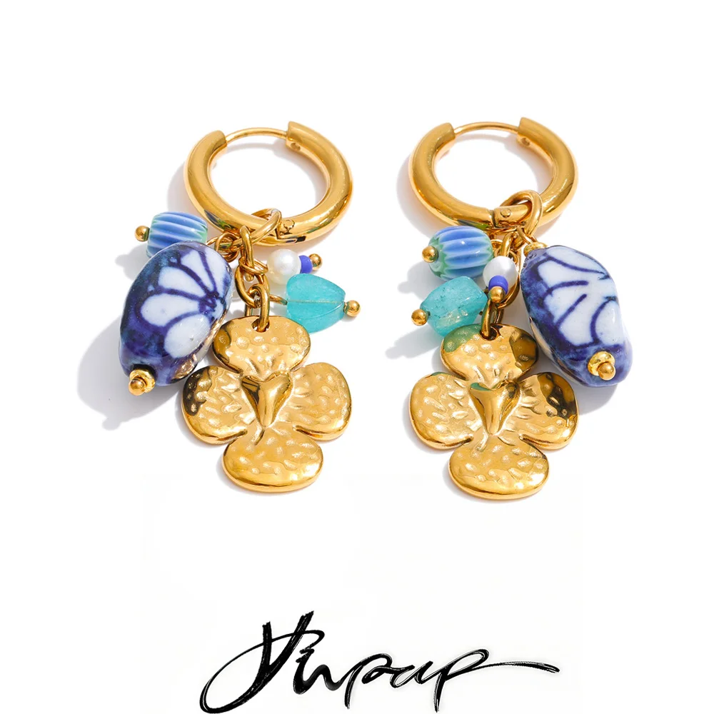Yhpup nouveau français fait à la main en acier inoxydable en céramique fleur pendentif à breloque boucles d'oreilles Style européen bijoux esthétiques étanche