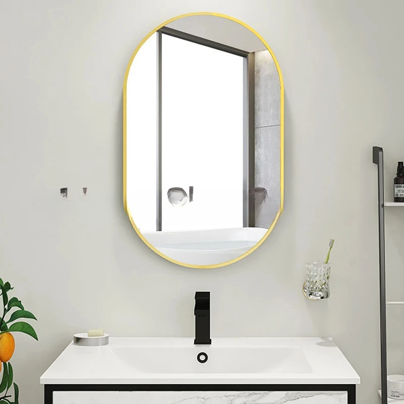 Nordic Oval Glass Bathroom Mirror Wall Mounted Design Unbreakable Bathroom Mirror Gold Frame Espejos Con Luces Indoor Supplies