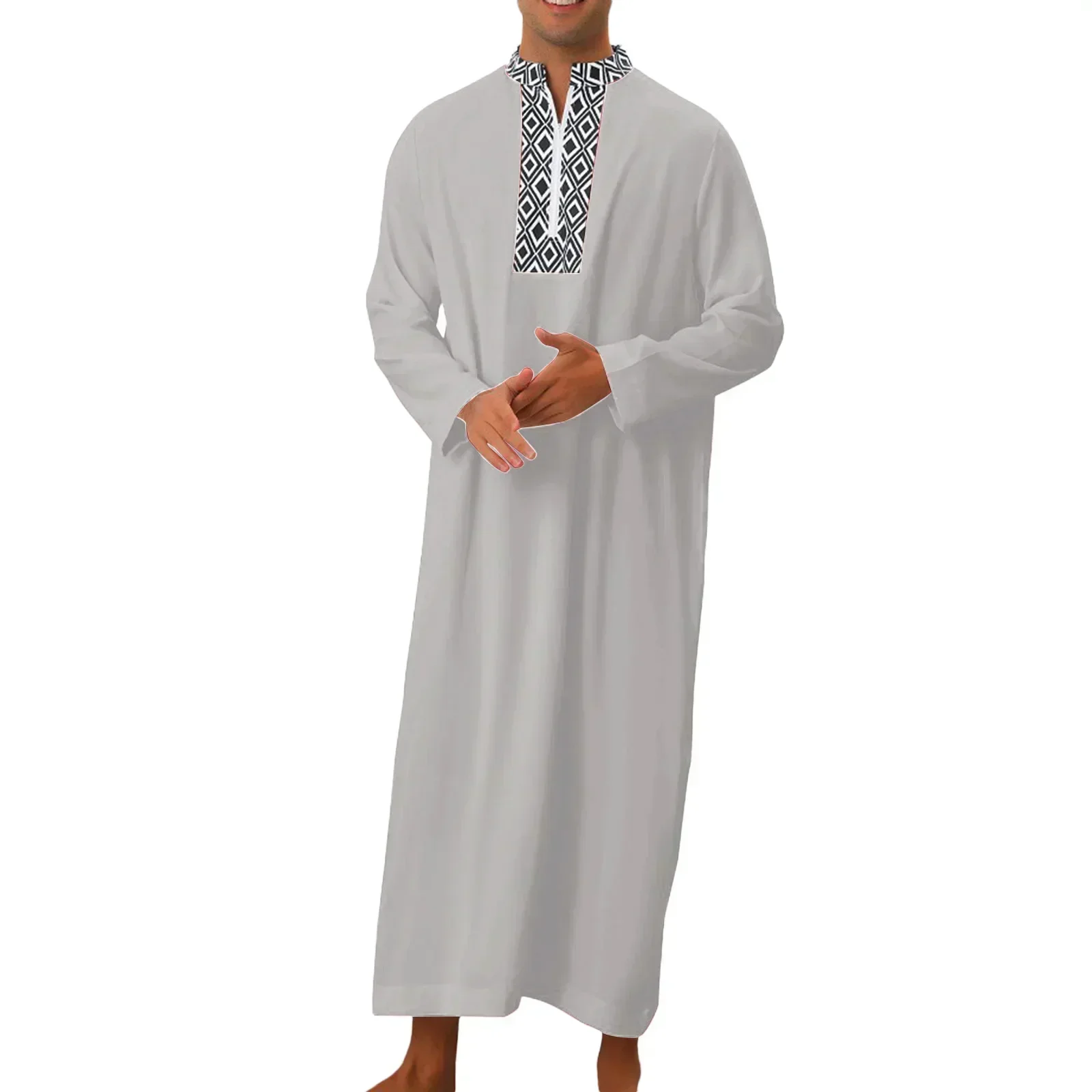 Men's Long Sleeve V-neck Moroccan Kaftan Muslim Fashion 2025 Casual Djellaba Abaya Jubba Thobe with Half Zipper