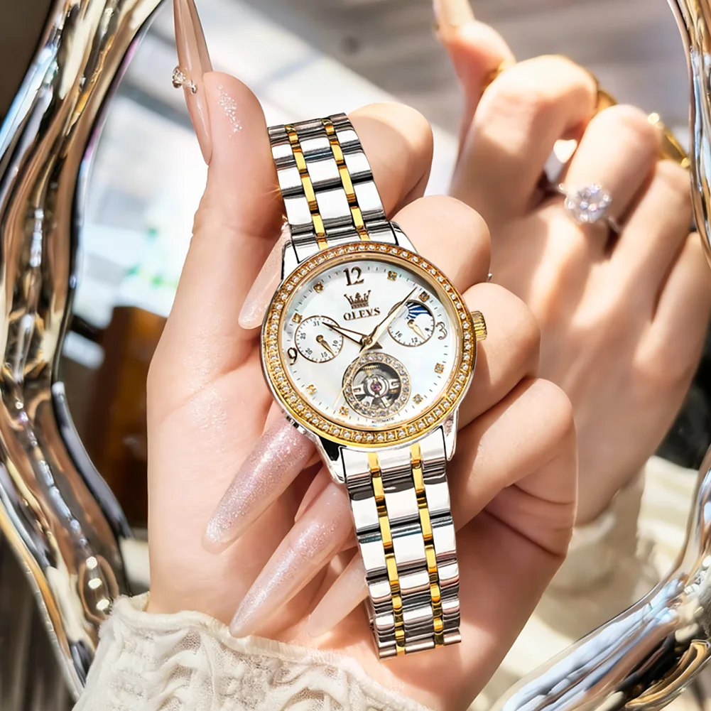 

OLEVS 6705 Оригинальные женские механические часы с турбийоном, инкрустированным бриллиантами, и светящимся циферблатом.