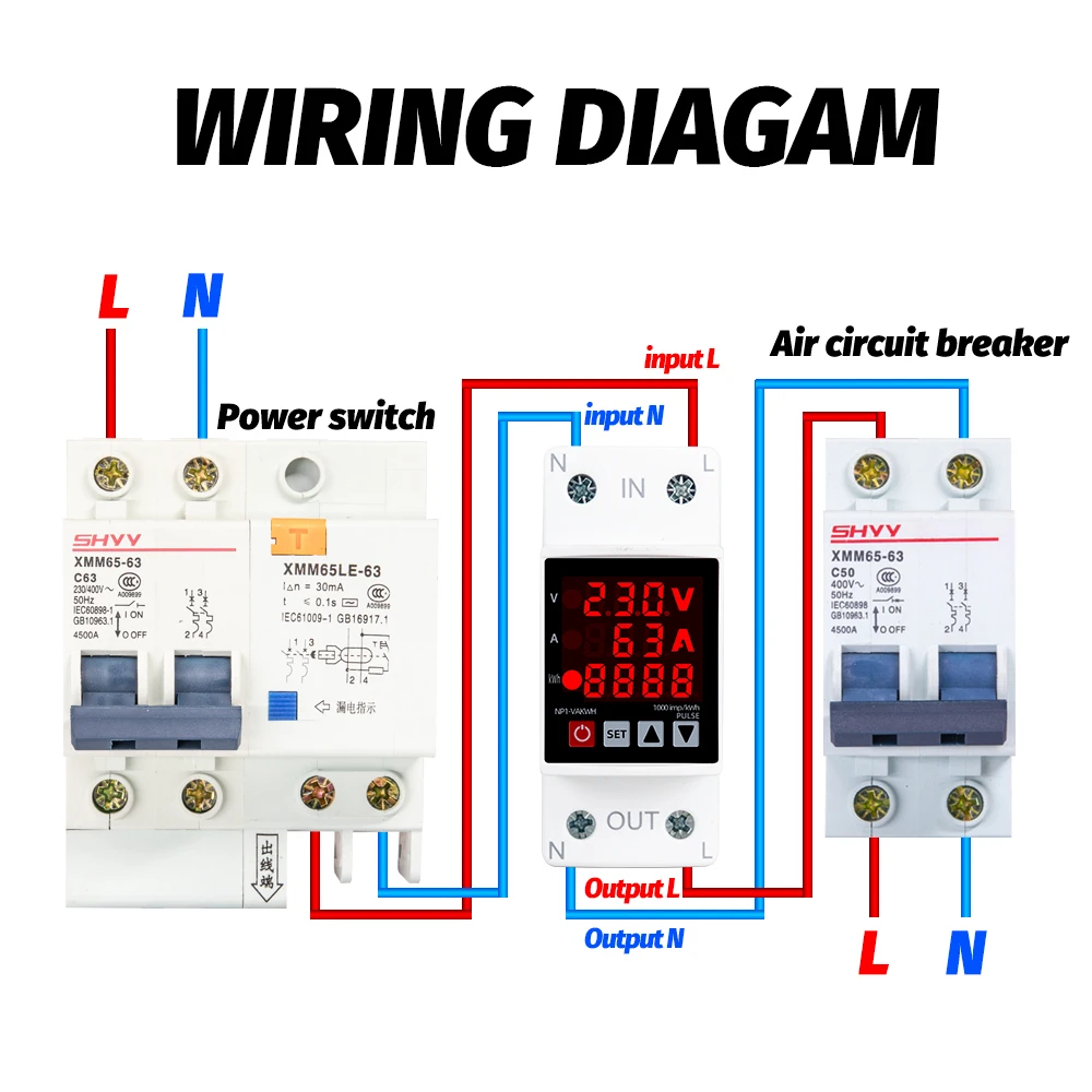 63A 40A 230V wyświetlacz Led Din Rail regulowany nad i pod napięciem zabezpieczenie przeciwprzepięciowe przekaźnik Kwh watomierz mocy 3 w1