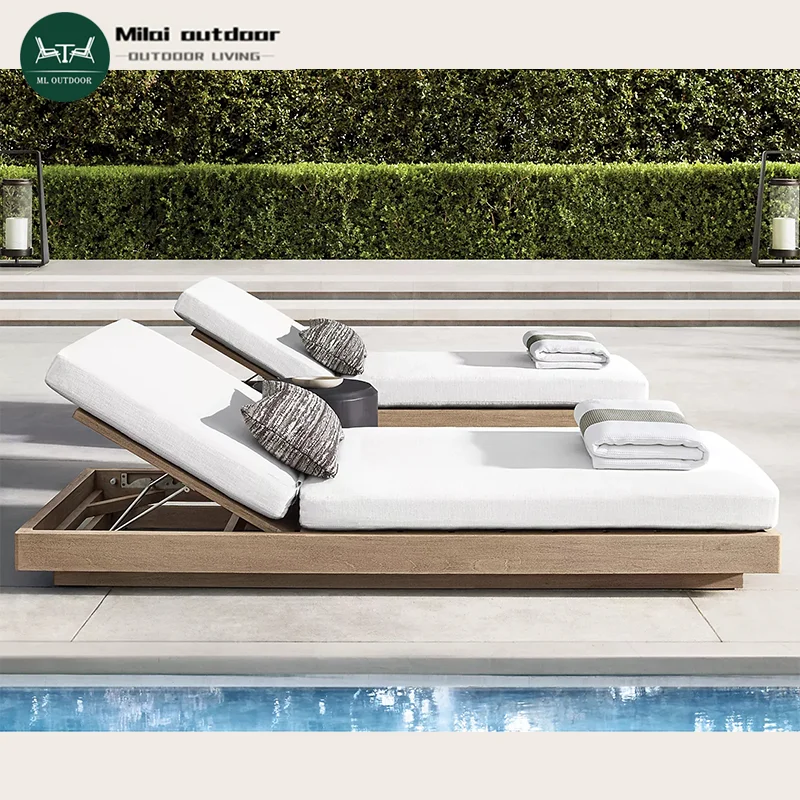 

Factory Hot Selling Outdoor Garden Teak Double Recliner Sunbath Villa Hotel Wooden Leisure Chair Terrace Swimming Pool Furniture