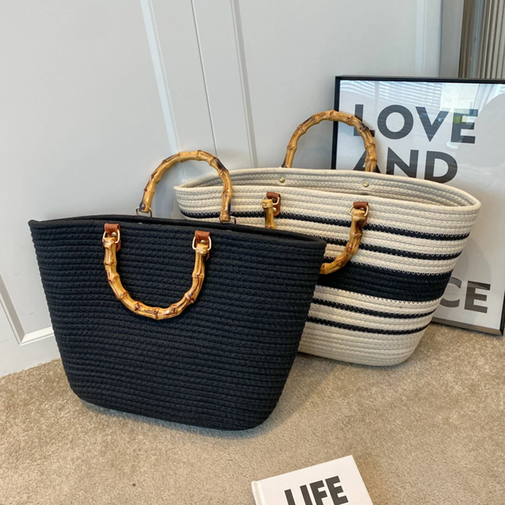 

Cotton Woven Handbags Bamboo Handle Ladies Woven Tote Large Capacity Striped Portable Casual Fashion Exquisite for Seaside Party