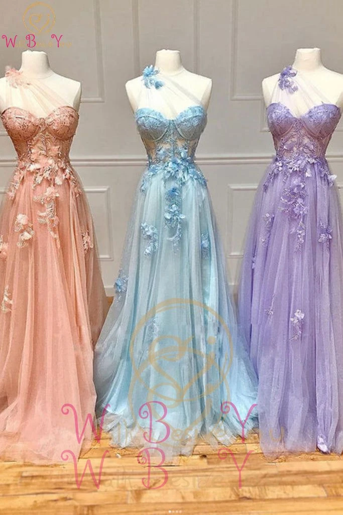 Long Prom Dresses 2024  Glitters Tulle Bling One Shoulder Pink/Blue/Lilac Lace Applique Floral Formal Graduation Evening Dress