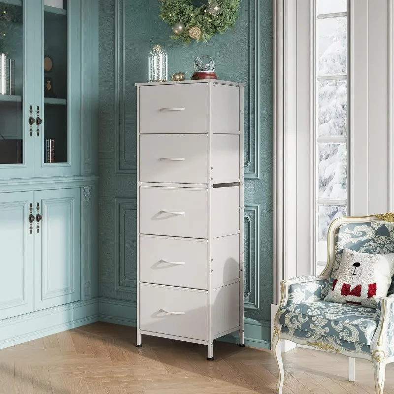 5-Drawer Tall Dresser for Bedroom, Storage Dresser Organizer with Fabric Bins, Wood Top, Sturdy Steel Frame