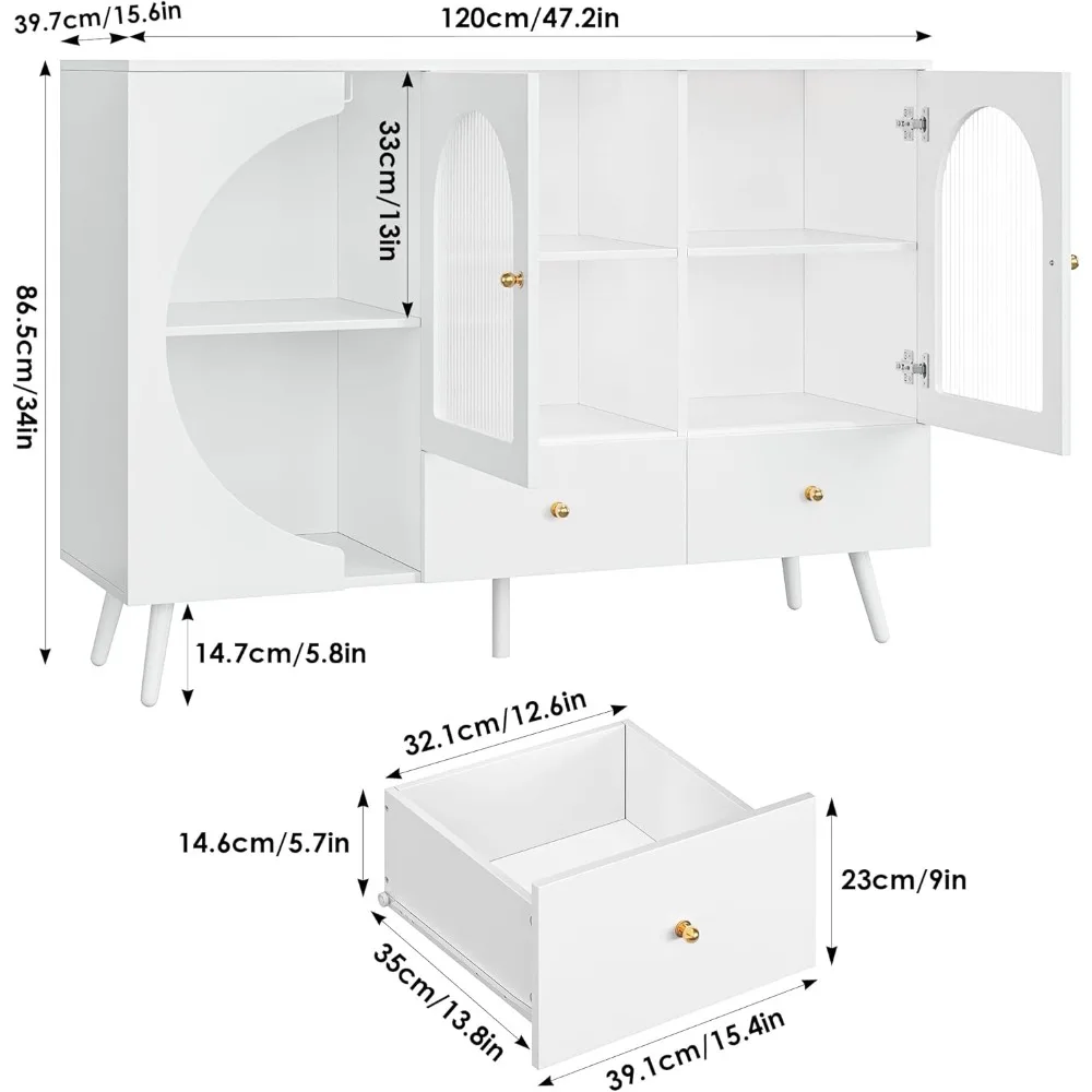 Bar Cabinet Buffet Sideboard Cabinet with 2 Drawers and Fluted Glass Door Wine Modern Bar Cabinet