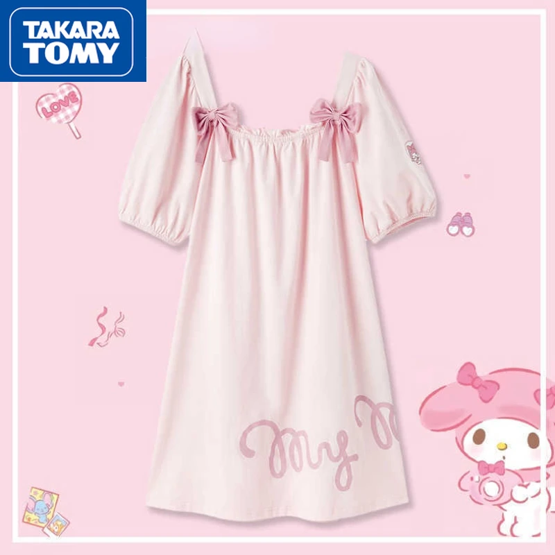 

TAKARA TOMY Hello Kitty Summer Woman Cotton Puff Sleeve Short Sleeve Nightdress Cute Girl Home Service Sweet Princess Dress