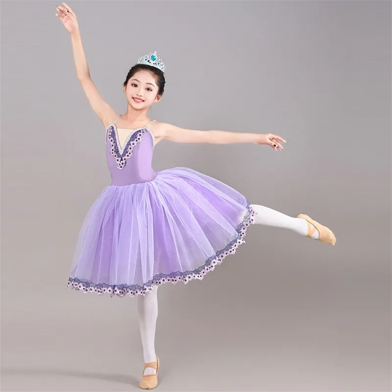 يوم الأطفال فستان رقص الباليه فتاة توتو زي الباليه مسابقة DanceVeil تنورة الضوء الأرجواني تنورة طويلة فستان الباليه للأطفال