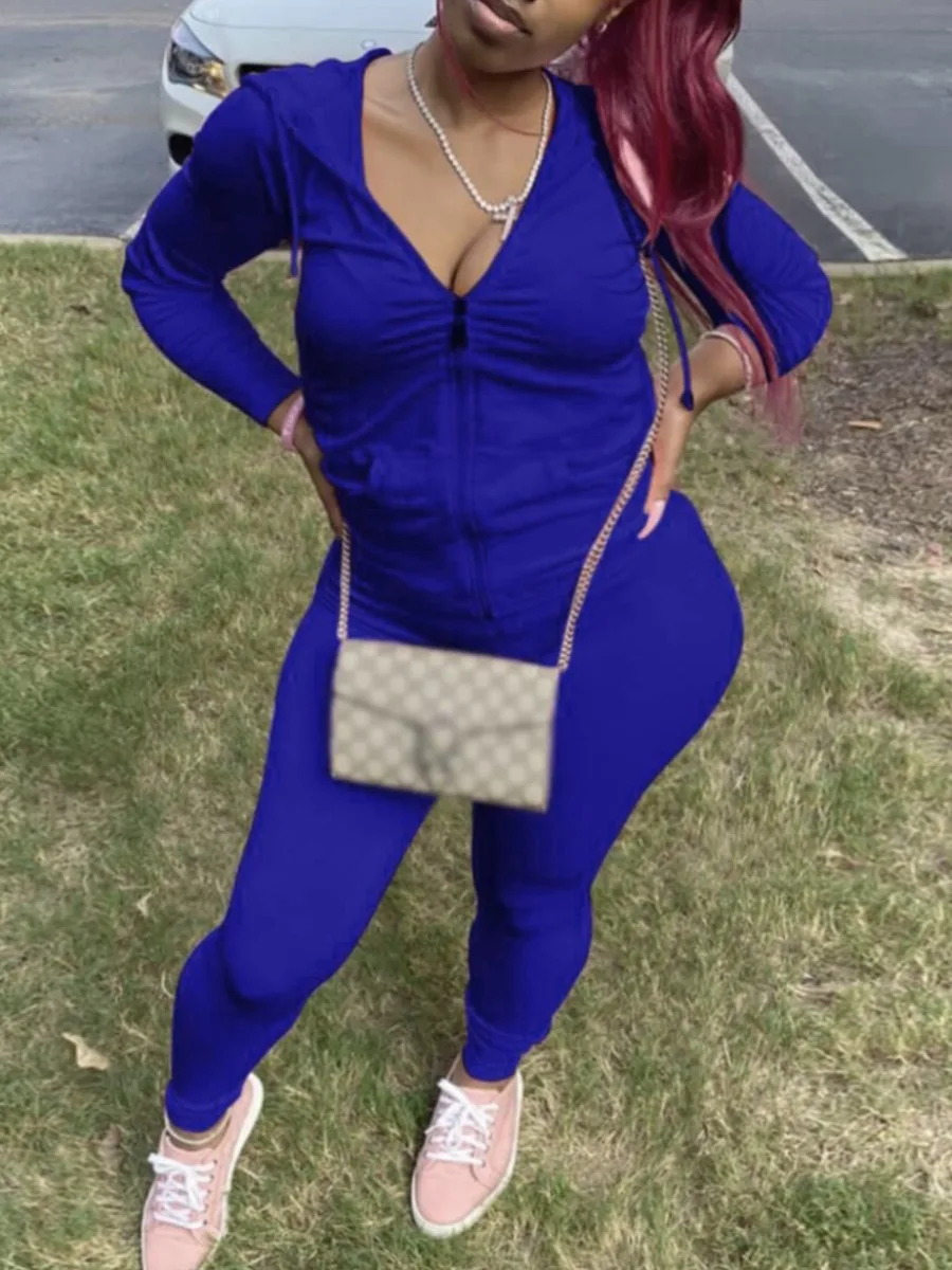 

LW Plus Size Autumn Womens Kangaroo Long Sleeve Casual Tracksuit Set Hooded Collar Pocket Design Two Piece Pants Set Outifits