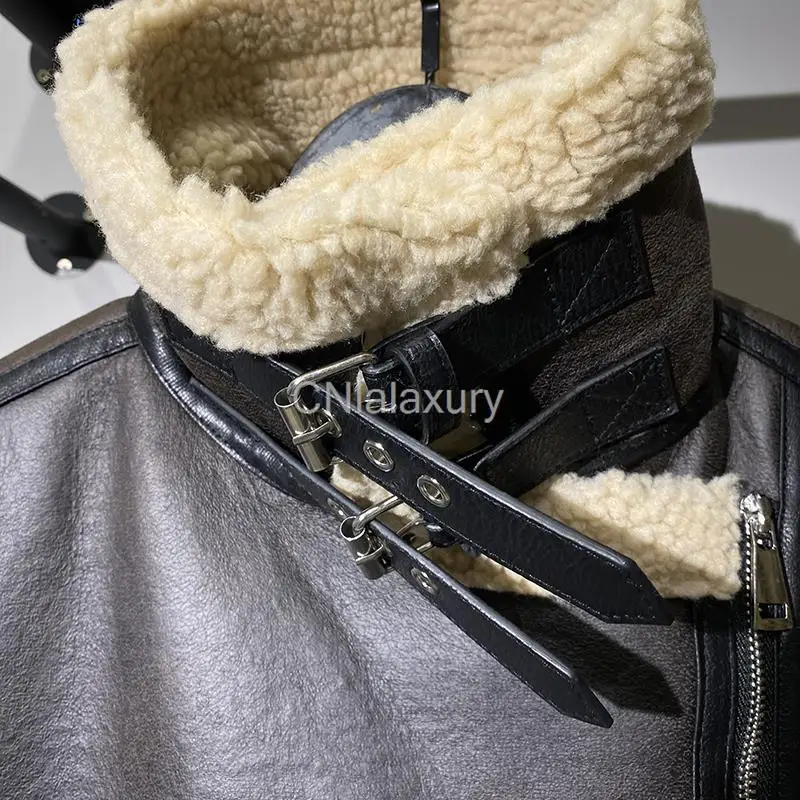 CNlalaxury Autumn Winter Women Faux Lamb Fur Leather Jacket With Belt Streetwear Female Zipper Loose Moto Biker Coat Outwear