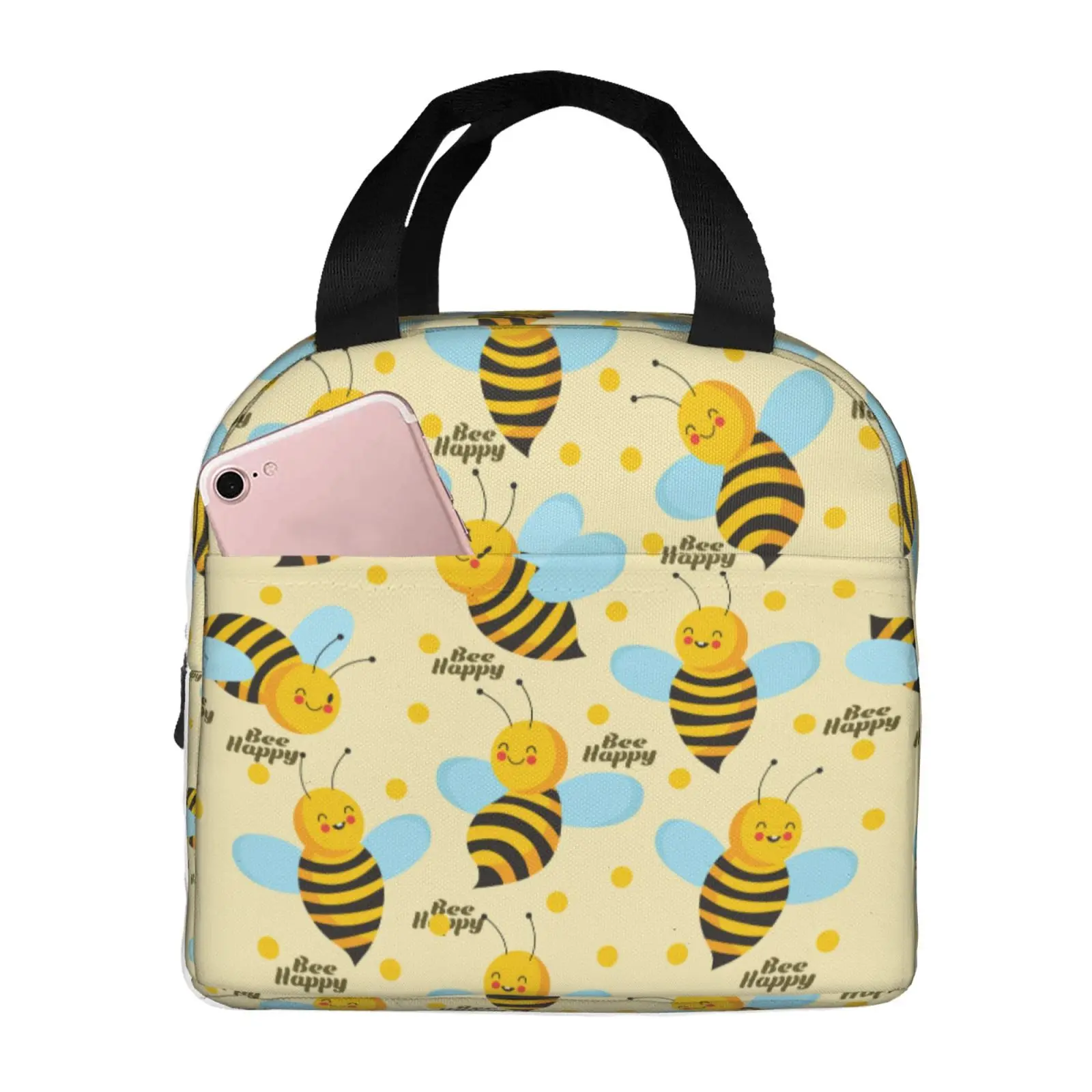Happy Cute Bee Print Lunch Bag Waterproof Insulated Canvas Cooler Bag Thermal Cold Food Picnic Travel Tote for Women Children