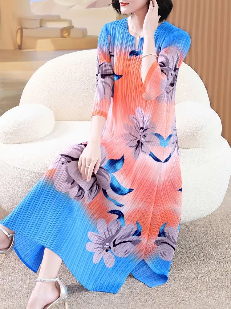 

Autumn Fashion V-neck Print 3/4 Sleeve Loose Pleated Temperament Mid length Split Slim Dress for Women