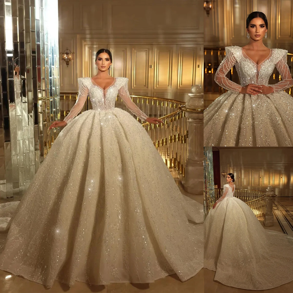 

Princess Ball Gown Wedding Dresses Sheer Neck Puff Long Sleeve Bridal Gowns Vestido Novia Beading Sequins Bride Dress