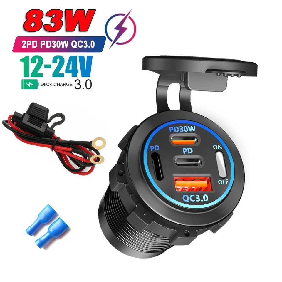 Autoladegerät PD+QC3.0 USB TYPE-C Ladegerät Wasserdichte Steckdose Netzteil Universal 12-24V für Motorrad LKW ATV Boot