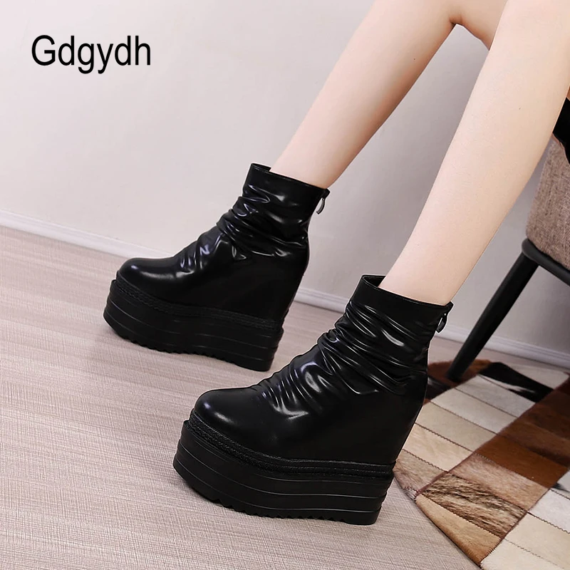 Gdgydh Womens Chelsea Boots Black Creeper Platform Wedge Heel Sponge Cake Muffin Inside Fashion Pleated Short Plush Ankle Boots 