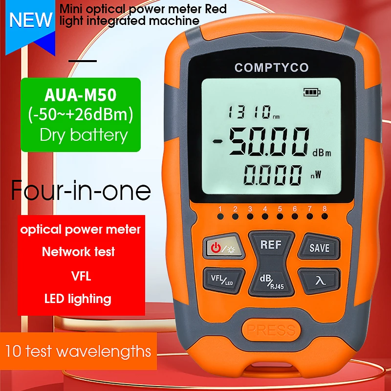 AUA-M50 Mini 4-in-1 Multifunction Optical Power Meter Visual Fault Locator RJ45 Network Tester LED Ligth FTTH Fiber Optic Tester