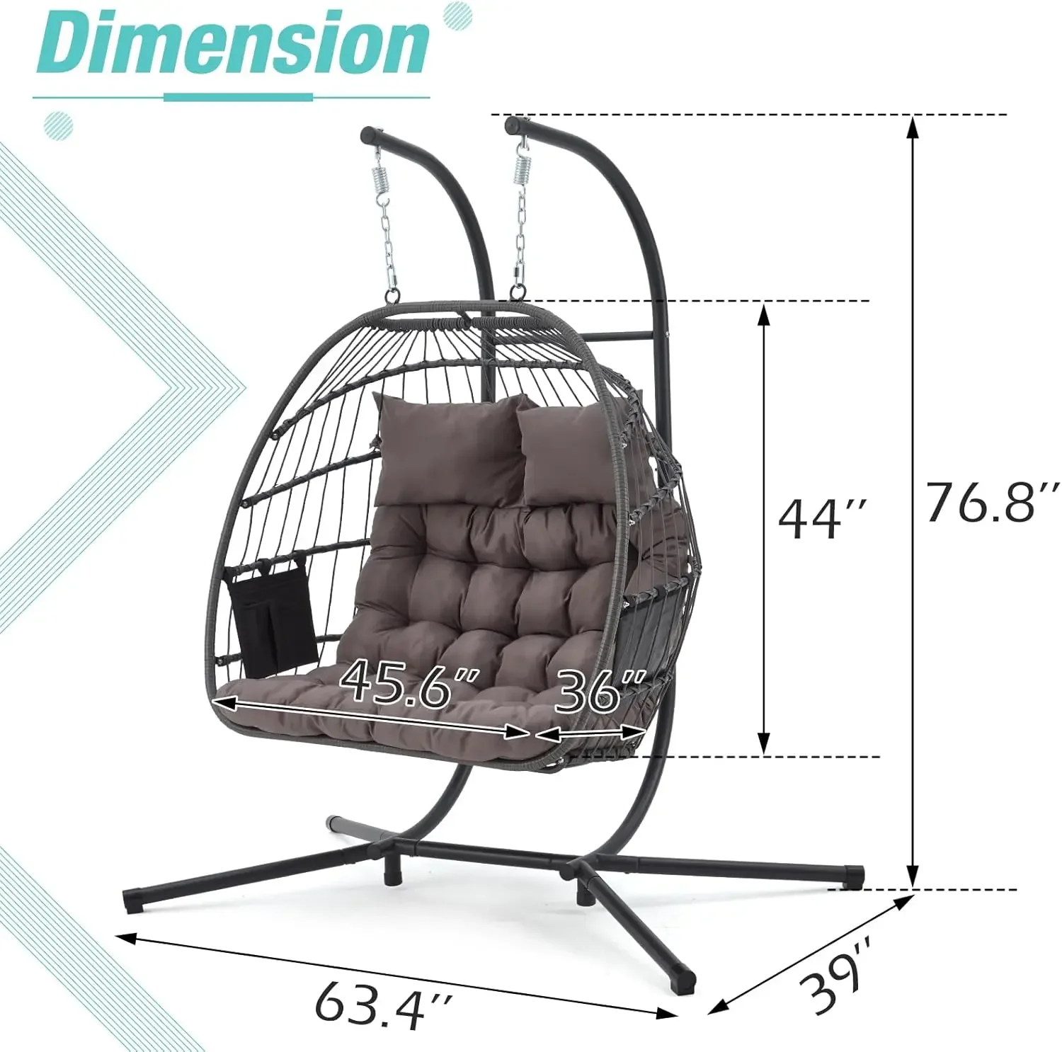 Double Rattan Swing Egg Chair with Side Pockets, Foldable Hanging Egg Chair with Stand, Outdoor and Indoor w/ Cushions for Patio