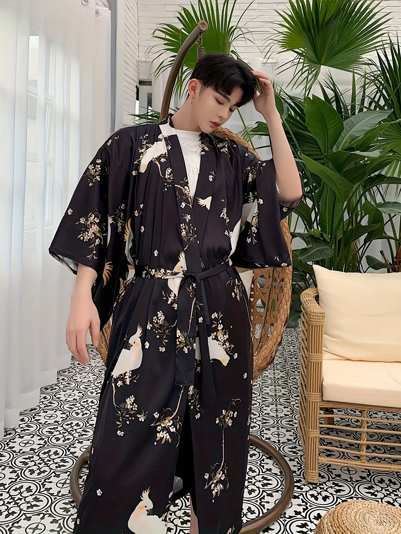 Men's Vintage Peacock & Floral Pattern Hanfu Casual Fashion Thin Open Front Loose Tang Suit For Outdoor Spring Fall