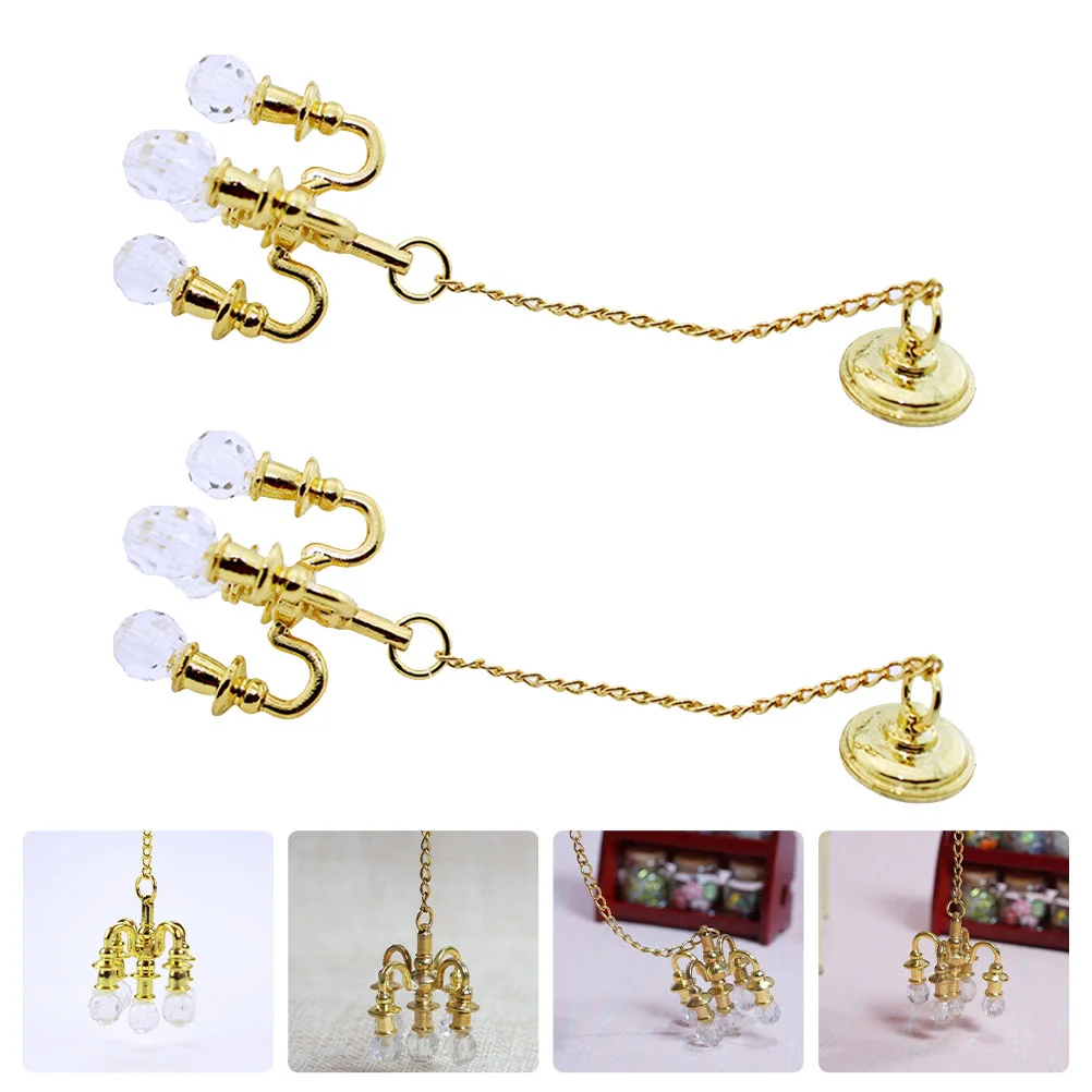 2 Pcs Mini Crystal Chandelier Decor House Simulation Pendant Lamp Garden Miniature Toy Room Child