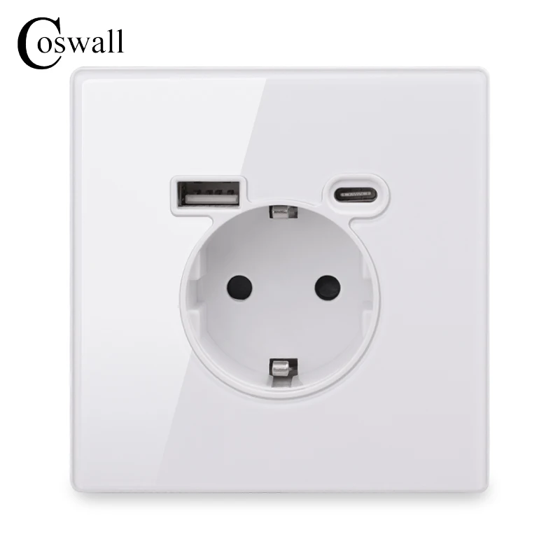 Coswall M2 Full Screen Integrated EU Standard With Type A-C 2usb Charging Port 16A Flame Retardant Wall Power Outlet Glass Panel