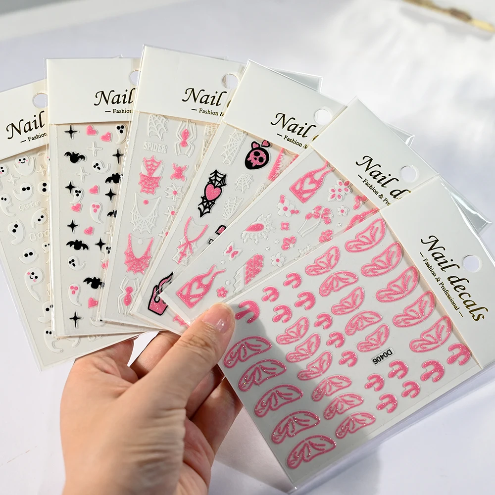 1 pz 3D rosa glitter adesivi per unghie di Halloween fantasma ragnatela pipistrello teschio adesivo decalcomanie per unghie decorazioni per unghie di Halloween fai da te