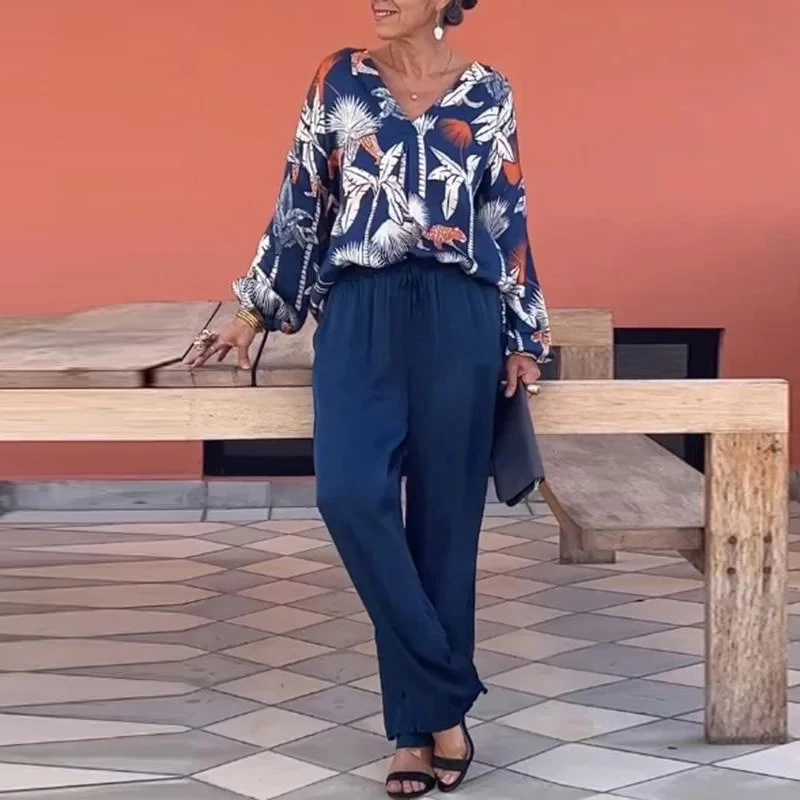 

Female Clothes Outfits 2024 Spring Summer Coconut Tree Print Two Piece Set Women V Neck Long-sleeved Top and Lace-up Pants Suits