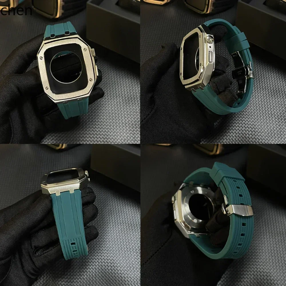 A5.945mm 44mm Metal Case+Silicone Band For Apple Watch Series SE/6/5/4 Rubber Bracelet Luxury Stainless Steel Modification Kit
