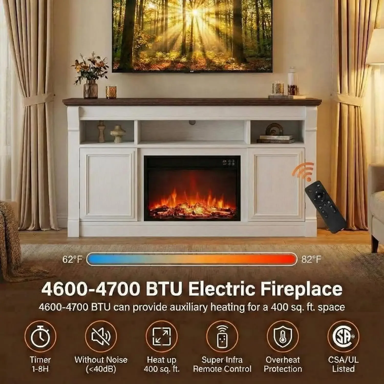 3D Decorative Electric Fireplace with Baffle ( Simulated glass ) & Woods Cracking Sound Mist Colorful Flame Humidifier Fireplaces