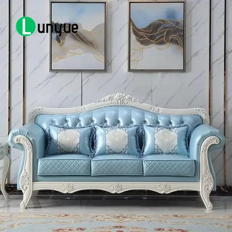 Luxury European Style Leather Sofa Classic Wood Carving Elegant Living Room Furniture High End Comfortable Seating for Home
