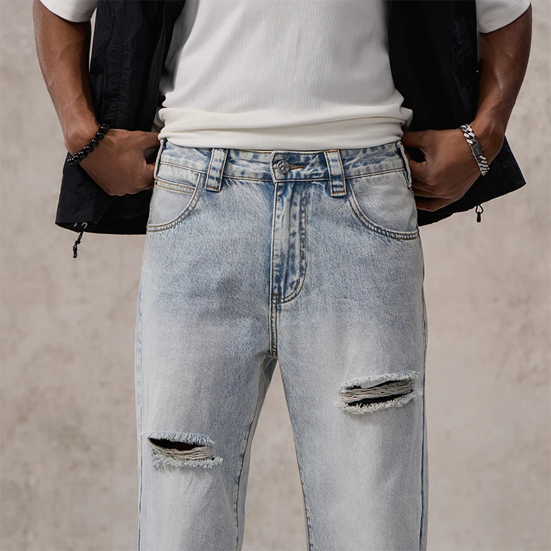 Vintage gewaschene amerikanische Retro Distressed Jeans Herren hochwertige lose gerade lässige Comfort Fit Frühling Sommer Mode Kleidung