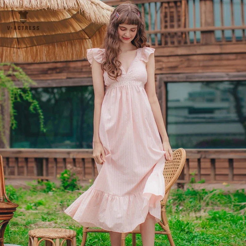 Women\'s Lolita Dress White Lace Sleeveless Princess Sleepshirts Vintage Lady Girls Nightgowns Nightdress Cute Pajamas Loungewear