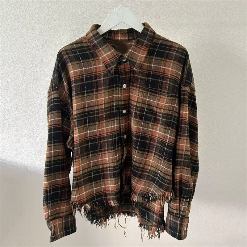 women's shirt New autumn 2026 single breasted lapel women's blouse pure cotton plaid women's long sleeved top washed tassel tops