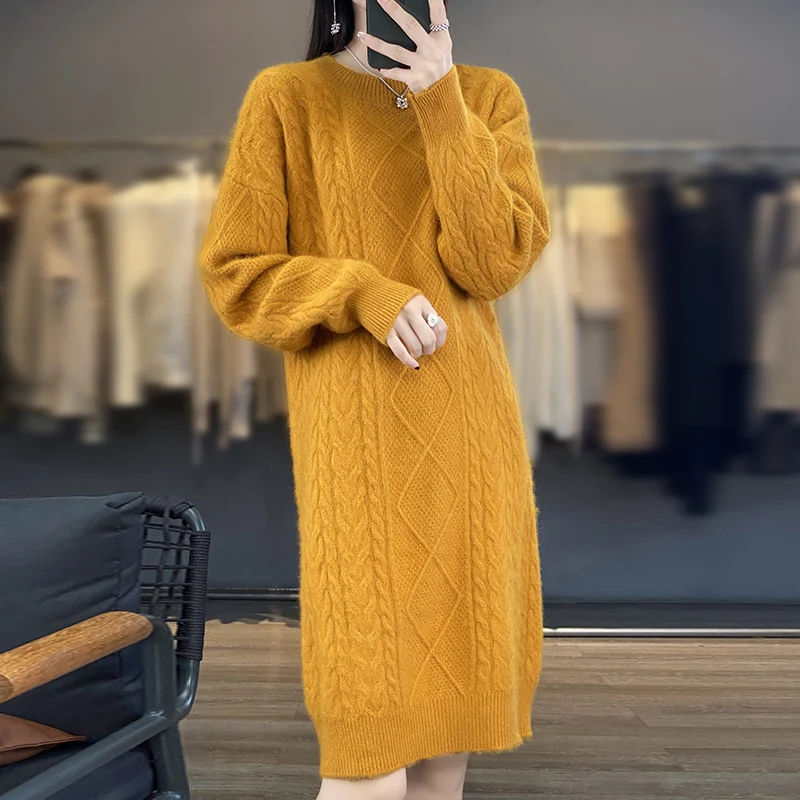 DjzDsm Autumn And Winter New 100% Mink Fur Women's High Quality Round Neck Thick Warm Jumper Knitted Solid Color Loose Dress