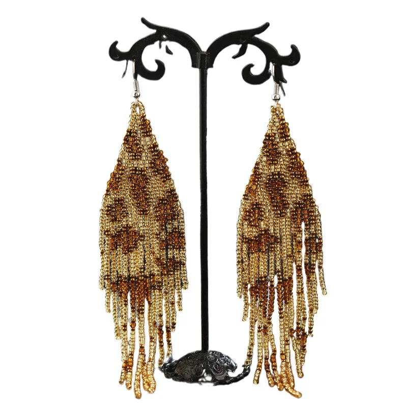 The Bohemian tide Fashionable Individuality Temperament Handwork Meter bead Leopard print series Tassel Long pattern Earrings