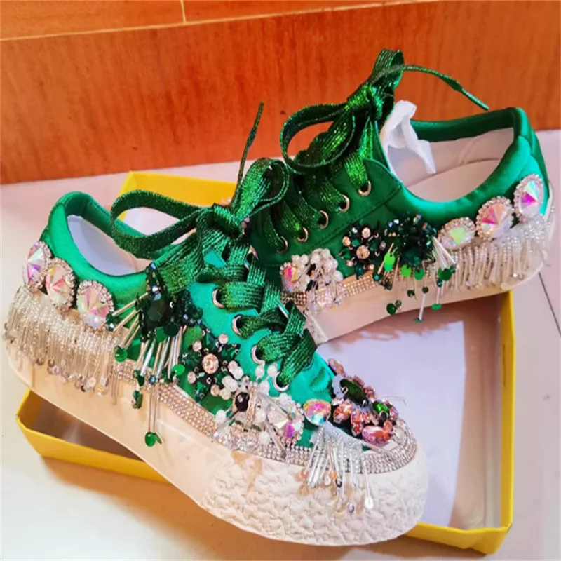 Sequin tassel rhinestone three-dimensional flower canvas shoes hand-customized green flower satin top sports women's shoes 35-40