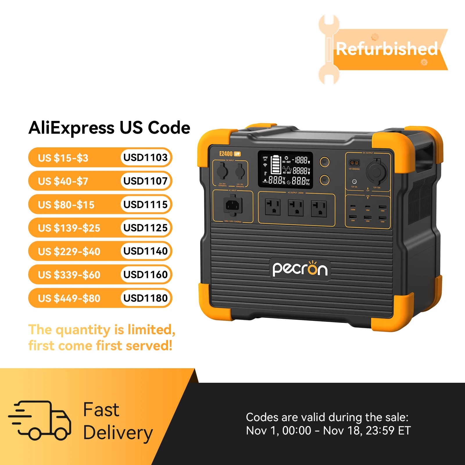 Used-PECRON E2400LFP 2048Wh/2400W with 3840Wh Extra Battery Expandable to 5888Wh, Fast Charging in 1.5 Hrs for Emergencies, Camping, RV, Home Use
