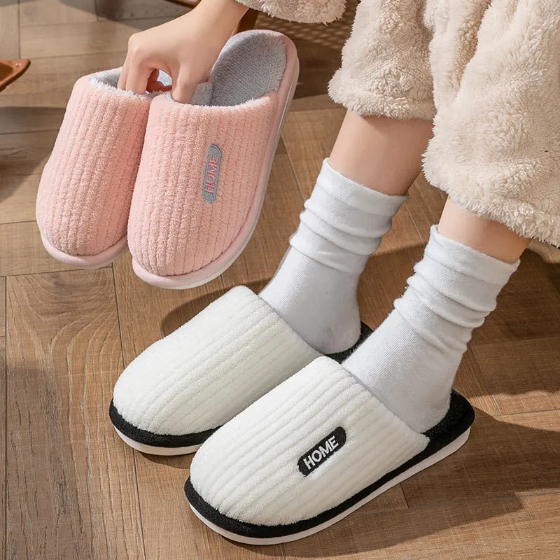 Casal chinelos masculinos casuais apartamentos listra interior fofo anti-skid flip flops macio quente de pelúcia chinelo feminino casa de inverno sapato