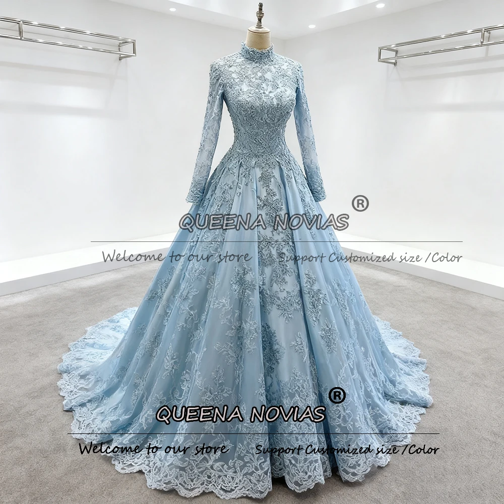 

Elegant Lace Appliques Muslim Wedding Dresses For Bride High Neck Long Sleeves A Line Bridal Gowns Customized Vestido De Novia
