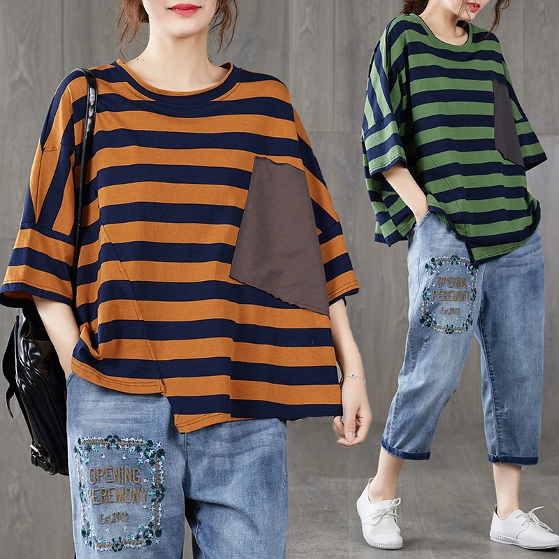 

plus Size Women's Striped T-irt Loose Fit Svel Patchwork Slimming Effect Casual Artistic Sle Summer Top