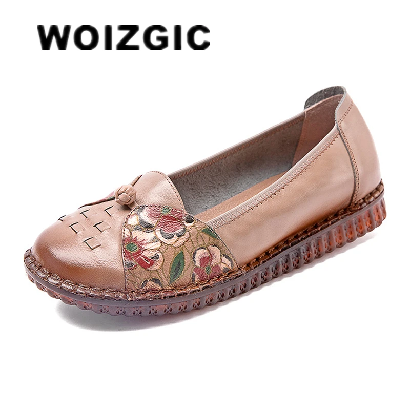 WOIZGIC Women\'s Mother Female Ladies Genuine Leather Flats Shoes Platform Loafers Non Slip On Flowers Soft Plus Size 42 43