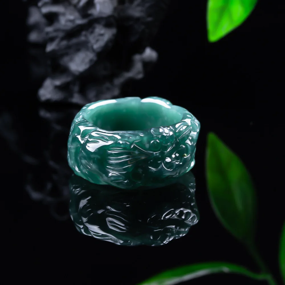 

Myanmar Jadeite Dragon Ring Accessories Gemstone Designer Talismans Carved Real Jade Luxury Charm Vintage Natural Jewelry