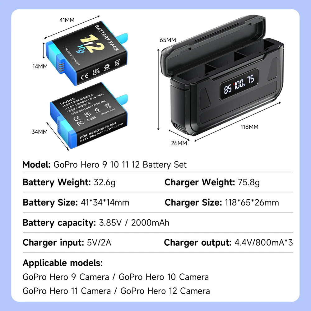 CITYORK 2000mAh Battery For GoPro Hero 9 GoPro Hero 10 GoPro Hero 11 GoPro 12 Sport Camera Battery With LCD 3-Slots Charger Box