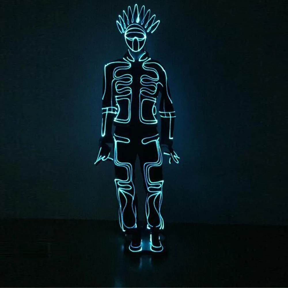 Led fibra óptica iluminar terno de corpo inteiro cosplay traje com capacete para homens rave festa edm festival dança wear