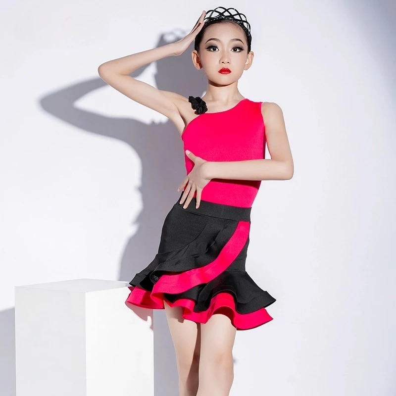 Latin Dance Dress For Girls Competition Ballroom Dancing Salsa Samba Cha Cha Tango Sleeveless Line Practice Costume Kids Child