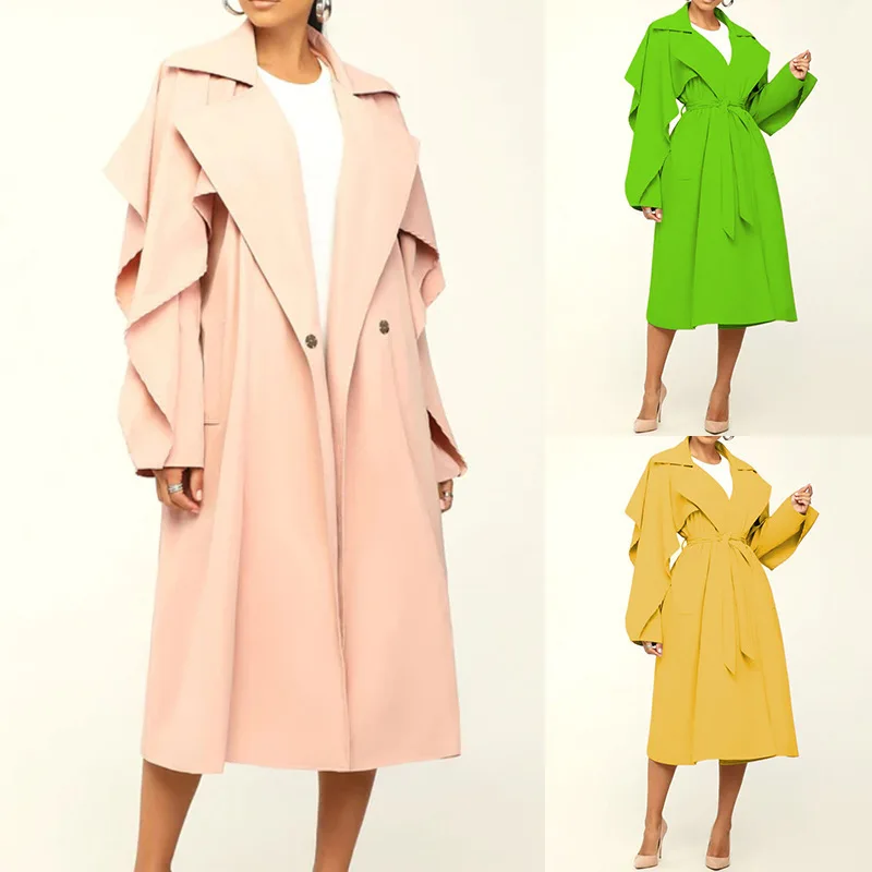 

ZL2088 2023 Autumn/Winter New Women's Fashion And Elegance Flip Collar Solid Color Mid Length Windbreaker Coat