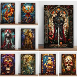 Fantasy Stained Glass Canvas Painting Vintage Golden Knight Skull Dragon Poster Print Wall Art Picture Home Living Room Decor