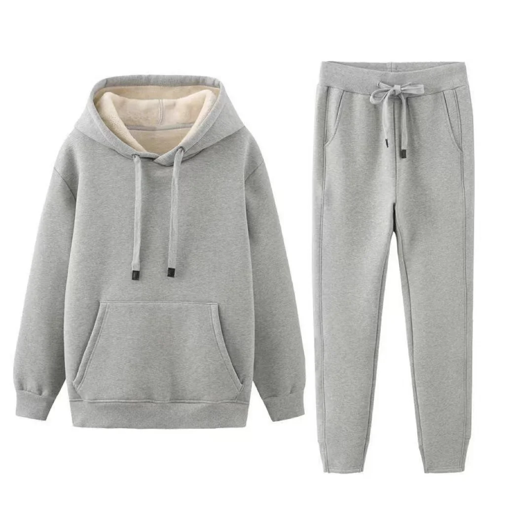 

2024 Autumn/Winter New Hooded Lamb Fleece Hoodie Set, Solid Color with Thick Fleece, Men's Casual Sports Two Piece Set, Warm